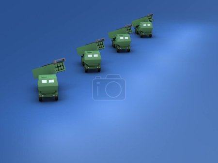 Photo for Miniature models of a fictitious NATO style high mobility rocket system. A neatly arranged game changer.  Combat vehicle representing attack and technology. cool blue background. 3D rendering.A symbol of victory and strength. - Royalty Free Image