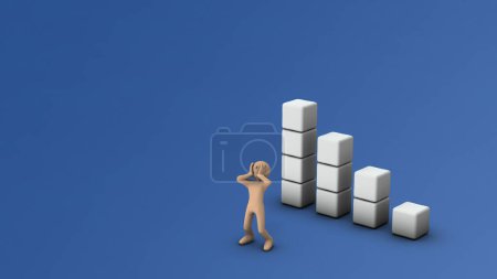 Photo for An abstract bar chart representing progressively worsening performance. A person who is shocked by failure. A man holding his head and suffering. 3D rendering. - Royalty Free Image