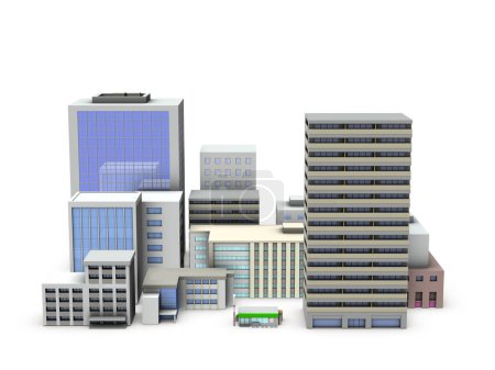 Foto de Miniatures of densely populated urban buildings. High rise apartments and skyscrapers. Exteriors of hospitals and government buildings. 3D rendering. white background. - Imagen libre de derechos