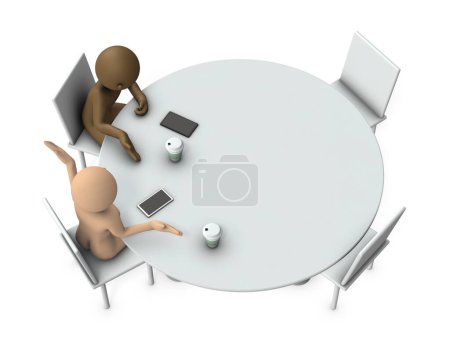 Téléchargez les photos : Two businessmen gathered at a round table and chatting openly. Have a chat during coffee break. 3d rendering. white background. - en image libre de droit