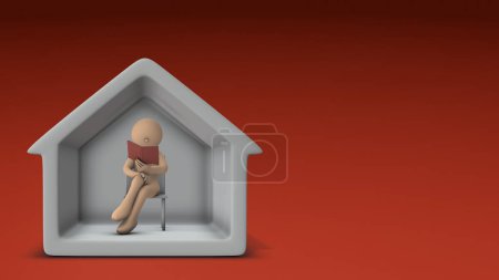 Photo for Refrain from going out. A person reading at a stay home. rest and leisure. Inconvenience and house arrest. Abstract concept of peaceful time spent at home. hot red background. 3D rendering. - Royalty Free Image