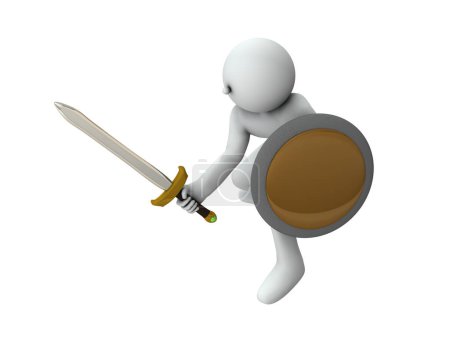 Photo for Warrior with sword and shield. An archaic sword and a round shield. He is a fighter and a strong will. 3D rendering. - Royalty Free Image
