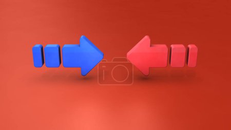 Red and blue arrows about to collide head on. Battlefield frontline metaphor. Abstract concept representing conflict. Red background. 3d Rendering.