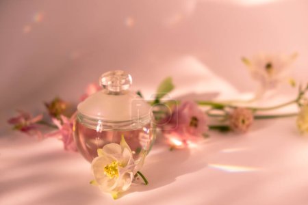 Foto de Botella transparente de vidrio cosmético y flores aquilegia y el resplandor del sol sobre un fondo rosa. Desenfoque y enfoque selectivo - Imagen libre de derechos