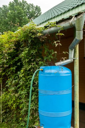 Téléchargez les photos : Réservoir de collecte d'eau sous un toit avec un drain. Architecture de récolte de l'eau de pluie. Photo verticale - en image libre de droit