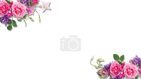 Festliches Blumenbanner. Florales Layout aus rosa und violetten Blüten der Aquilegia isoliert auf weißem Hintergrund.. Draufsicht, flache Lage. 