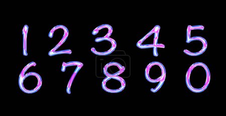 Numbers from 0 to 9 isolated on a black background, holographic text. Sparkling glow in blue and pink tones. 