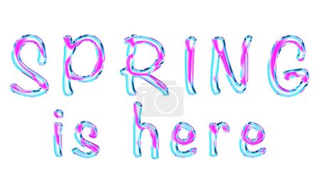 Texto La primavera está aquí, letras aisladas sobre un fondo blanco. Brillo brillante en colores azul y rosa. 