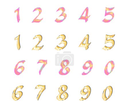 Volumetrische Zahlen von 0 bis 9 isoliert auf weißem Hintergrund, holographischer Text. Funkelnder Glanz in Gold- und Rosatönen. 