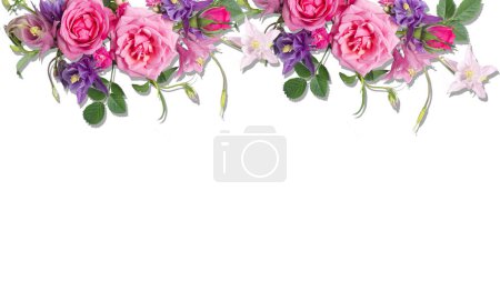  florales Layout aus rosa Rosen und violetten Aquilegien auf weißem Hintergrund. Draufsicht, flache Lage. Kopiertempo