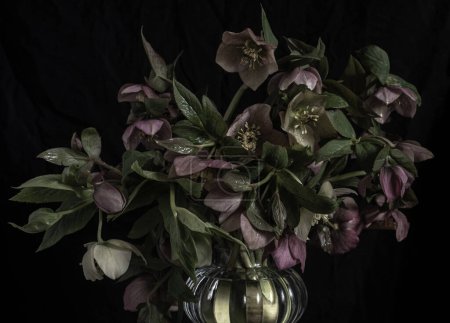 Stillleben. Luxus-Blumensträuße in einer Glasvase auf schwarzem Hintergrund. Stimmungsvolle Blumen. Farbenpracht.