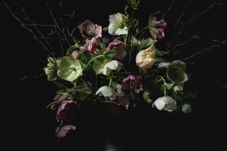  bouquet of vintage hellebores flowers in a jug on a black background. Blur and selective focus. Low key aesthetic photo.