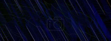 Abstract black technological background with blue oblique diagonal lines. long banner. 