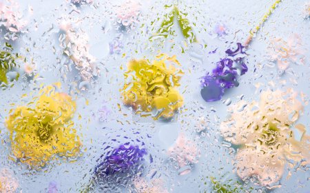 silhouetted of colorful spring flowers behind wet glass. Abstract soft, light blue floral background