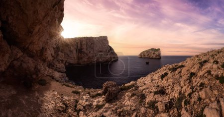 Photo for Panoramic View of Rocky Coast with Cliffs on the Mediterranean Sea. Sunrise Sky Art Render. Regional Natural Park of Porto Conte, Sardinia, Italy. Nature Background. - Royalty Free Image