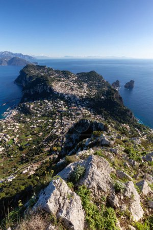 Photo for Touristic Town on Capri Island in Bay of Naples, Italy. Sunny Blue Sky. Nature Background. View from top of Mountain. - Royalty Free Image