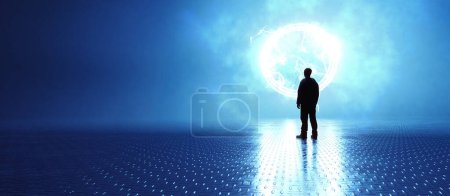 Foto de Escena abstracta oscura. Piso reflectante de metal y hombre de pie con rayos de luz brillante desde el portal. Renderizado 3d - Imagen libre de derechos