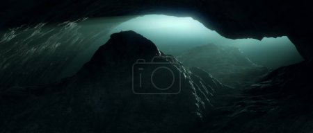 Photo for Rugged Landscape Terrain Underwater Dark Scene in cave. Lake or Ocean Water. 3d Rendering Art Background. Sunny Sunrays. - Royalty Free Image