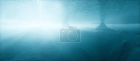 Photo for Rugged Landscape Terrain Underwater Dark Scene. Lake or Ocean Water. 3d Rendering Art Background. Sunny Sunrays. - Royalty Free Image