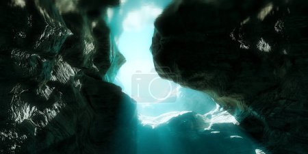 Téléchargez les photos : Paysage accidenté Terrain Scène sombre sous-marine dans la grotte. Eau de lac ou d'océan. 3d Rendering Art Background. Rayons solaires ensoleillés. - en image libre de droit