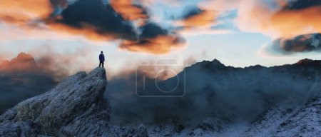 Photo for Adventure man on Rocky Mountain Landscape. Nature Background. Cloudy Sunset or Sunrise Sky. 3d Rendering - Royalty Free Image