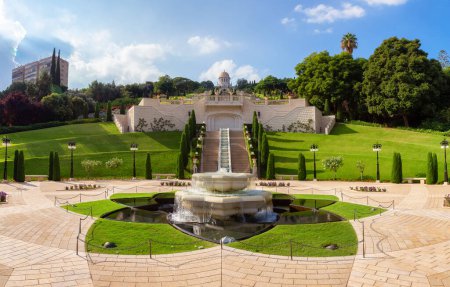 Photo for Bahai Gardens in Haifa, Israel. Cloudy Blue Sky. Tourist Attraction. Panorama - Royalty Free Image