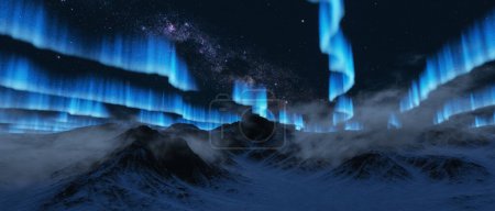 Photo for Rocky Mountain Landscape Nature Background. Cloudy Sky at Night with milky way, stars and norther lights. 3d Rendering - Royalty Free Image