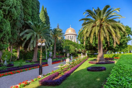 Photo for Bahai Gardens in Haifa, Israel. Cloudy Blue Sky. Tourist Attraction. - Royalty Free Image