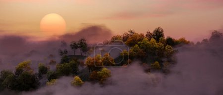 Téléchargez les photos : Arbres colorés au sommet du paysage montagneux couvert de brouillard. Ciel nuageux au coucher du soleil. Nature Contexte. Art de rendu 3d. - en image libre de droit