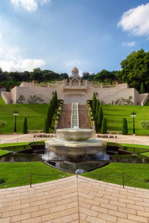 Photo for Bahai Gardens in Haifa, Israel. Cloudy Blue Sky. Tourist Attraction - Royalty Free Image