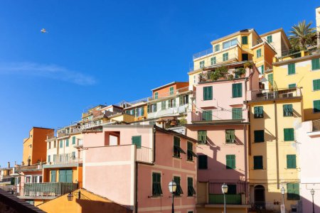 Foto de Colorful apartment homes in touristic town, Riomaggiore, Italy. Cinque Terre National Park - Imagen libre de derechos