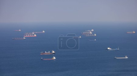 Photo for Ships on Mediterranean Sea near port in Haifa, israel. Aerial Zoomed View. - Royalty Free Image