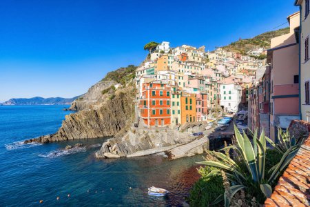 Photo for Boats in marina and colorful apartment homes in touristic town, Riomaggiore, Italy. Cinque Terre National Park - Royalty Free Image