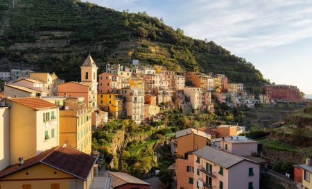 Foto de Small touristic town on the coast and farmland, Manarola, Italy. Cinque Terre. Sunny Fall Season day. - Imagen libre de derechos