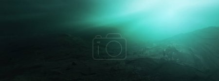 Foto de Rugged Landscape Terrain Underwater Dark Scene. Lago o Agua del Océano. 3d renderizado fondo del arte. Sunny Sunrays. - Imagen libre de derechos