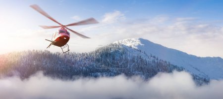 Téléchargez les photos : Helicopter flying over the Rocky Mountains during a colorful sunset. Landscape from BC, Canada near Squamish and Whistler. Epic Adventure Composite. 3D Rendering Heli. - en image libre de droit