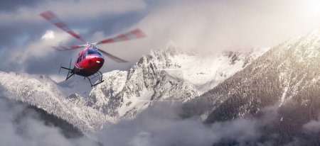 Téléchargez les photos : Helicopter flying over the Rocky Mountains in cloudy winter day. Landscape from BC, Canada near Squamish and Whistler. Epic Adventure Composite. 3D Rendering Heli. - en image libre de droit