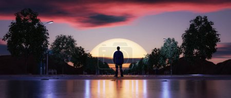 Téléchargez les photos : Man Standing on the wet street with trees and Sunset Sky. Artistic 3d Rendering. Adventure Concept - en image libre de droit