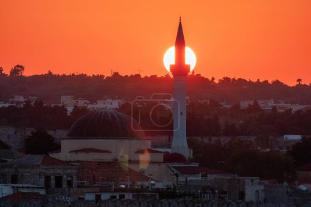 Photo for Mosque in Historic Old Town in City on the Mediterranean Sea, Rhodes, Greece. Sunset - Royalty Free Image
