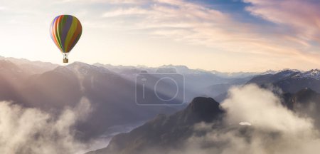 Photo for Canadian Nature Aerial Landscape with Hot Air Balloon Flying. 3D Rendering aircraft. Mountain View from British Columbia, Canada. - Royalty Free Image