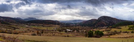 Photo for Panoramic View of Farm Fields and Mountain Landscape. Comps-sur-Artuby, France, Europe. Cloudy Sky - Royalty Free Image