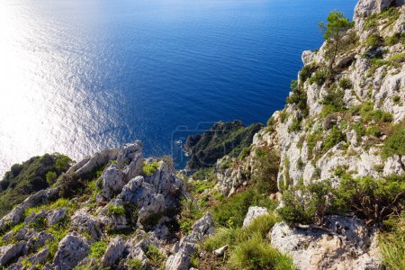 Téléchargez les photos : Rocky Coast by Sea à Touristic Town sur l'île de Capri dans la baie de Naples, Italie. Journée ensoleillée. - en image libre de droit
