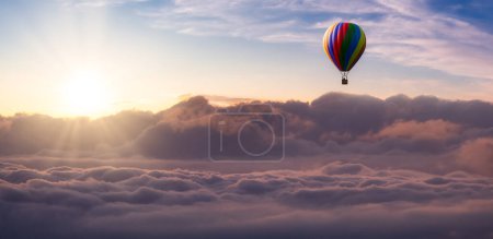 Téléchargez les photos : Hot Air Balloon Flying over Puffy Clouds. Dramatic Sunrise Sky. 3d Rendering Aircraft. Adventure Concept. - en image libre de droit
