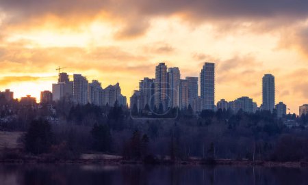 Photo for Residential apartments highrises in Metrotown Area. Taken in Deer Lake, Burnaby, Vancouver, BC, Canada. Sunset - Royalty Free Image