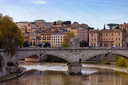 Photo for River Tiber and Bridge in a historic City, Rome, Italy. Sunny and Cloudy day. - Royalty Free Image