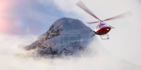 Téléchargez les photos : Helicopter flying over the Rocky Mountains during a colorful sunset. Landscape from BC, Canada near Squamish and Whistler. Epic Adventure Composite. 3D Rendering Heli. 3D Illustration - en image libre de droit