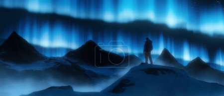 Foto de Adventure Man on top of Rocky Mountain Landscape. Nature Background. Cloudy Sky at Night with milky way, stars and norther lights. 3d Rendering. 3D Illustration - Imagen libre de derechos