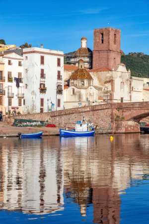 Photo for River with Homes and Apartments in Touristic Town. Bosa, Sardinia, Italy. Sunny Fall Season Day. Panorama - Royalty Free Image