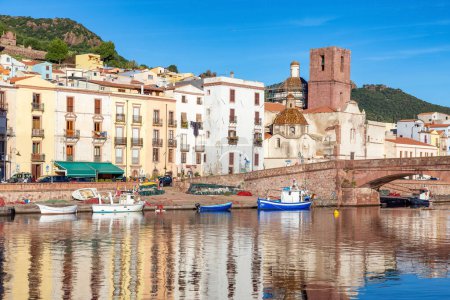 Photo for River with Homes and Apartments in Touristic Town. Bosa, Sardinia, Italy. Sunny Fall Season Day. Panorama - Royalty Free Image