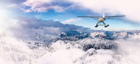 Téléchargez les photos : Seaplane flying over the Rocky Mountains. Aerial Landscape from BC, Canada near Squamish and Vancouver. Epic Adventure Composite. 3D Rendering Airplane - en image libre de droit